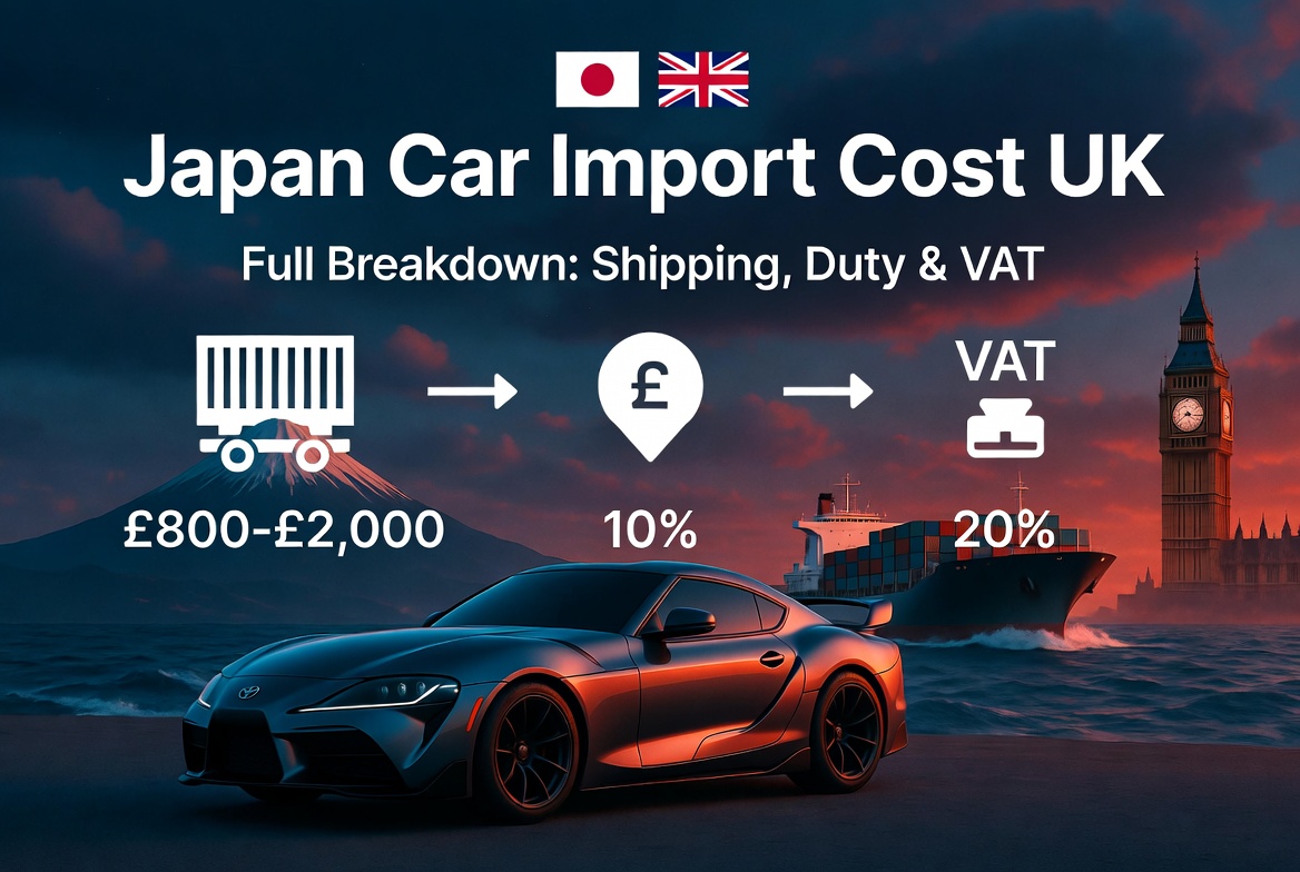 Japan to UK car import costs breakdown: Shipping (£800-£2,000), 10% Duty & 20% VAT with JDM car and cargo ship.