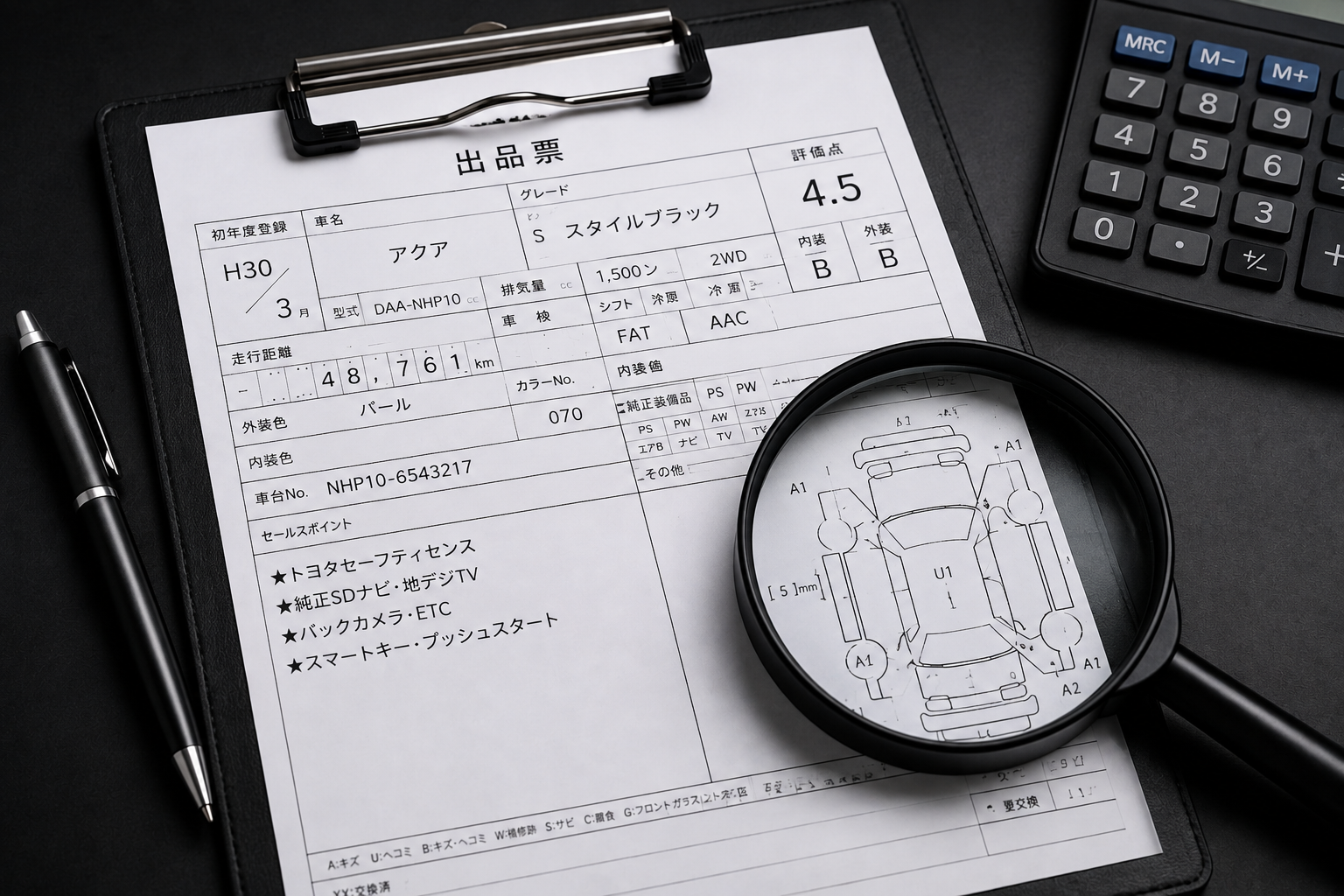 Japanese auction sheet verification with vehicle condition and inspection details