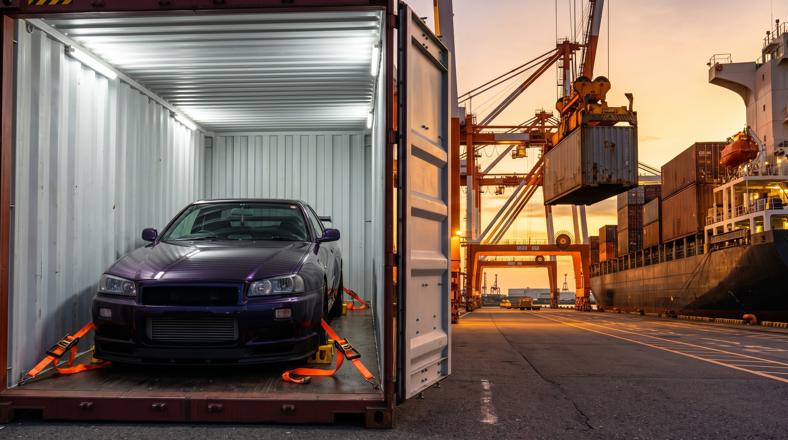 A detailed side-by-side comparison photo showing two open 20ft shipping containers at a busy port, illustrating LCL (Shared Container) vs FCL (Dedicated Container) shipping. The left container, labeled "SHARED CONTAINER (LCL)", is packed with a mix of wooden crates, cardboard boxes, and cargo rolls. The right container, labeled "DEDICATED CONTAINER (FCL)", securely holds a single purple Nissan Skyline GT-R (R34) car, secured with orange straps for secure transport.