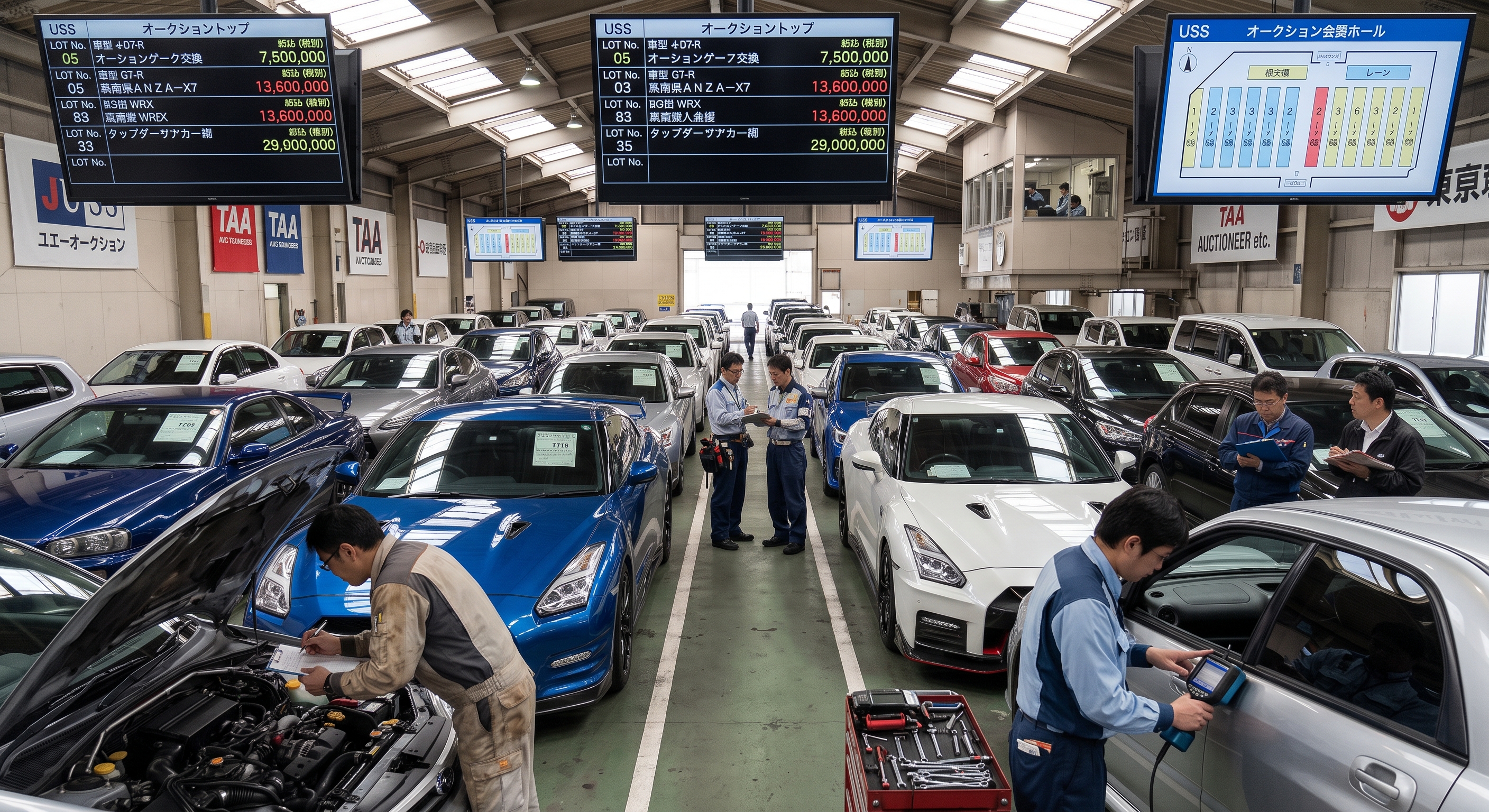 Japanese car auction inspection floor with Japanese inspectors evaluating vehicles and auction sheet reports before bidding