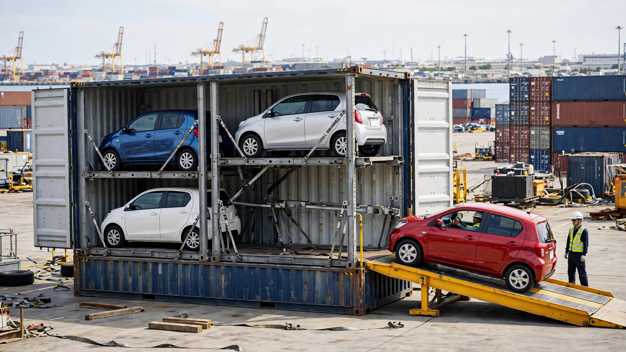 Four compact Japanese cars being loaded into a 40ft container with racking at a Japanese export port